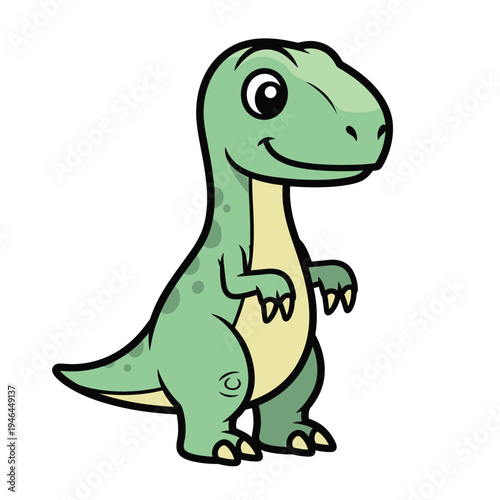 Adorable, cute, cartoon, baby Tyrannosaurus Rex dinosaur standing and smiling, with big eyes, in a friendly, stylized, vector art style, perfect for children's educational content and playfu