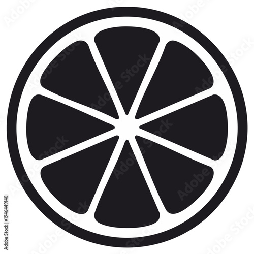 Stylized black and white citrus fruit slice, minimalist graphic icon with segmented design.
