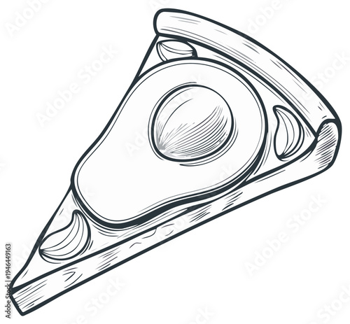 Hand drawn slice of pizza topped with avocado and garlic in sketch style
