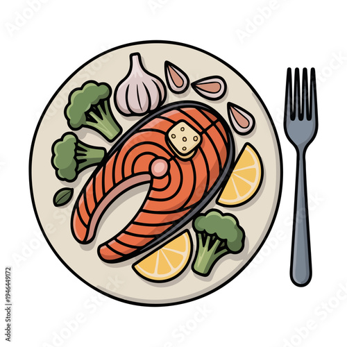 Garlic Butter Salmon Steak Illustration with Broccoli and Lemon Slices