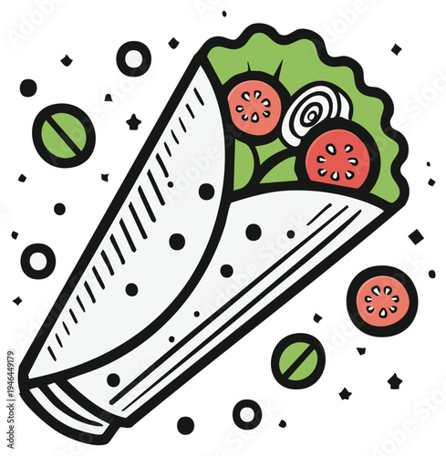 Fresh Wrap Sandwich with Tomatoes Lettuce and Onions Hand Drawn Doodle Style Illustration