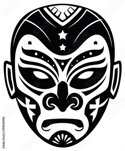 Bold black and white illustration of an expressive tribal mask design.