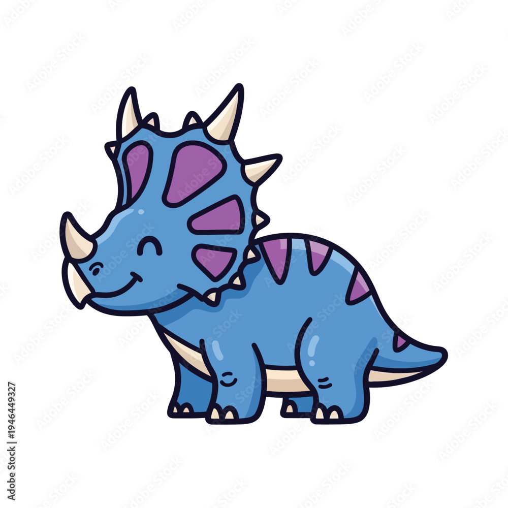 Fototapeta premium Adorable blue cartoon triceratops dinosaur with purple accents, happy and smiling, standing in a side profile, perfect for children's books and educational materials.