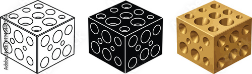 Collection of isometric cubes featuring circular perforations rendered in outline solid and golden textured styles perfect for abstract concepts and technological designs