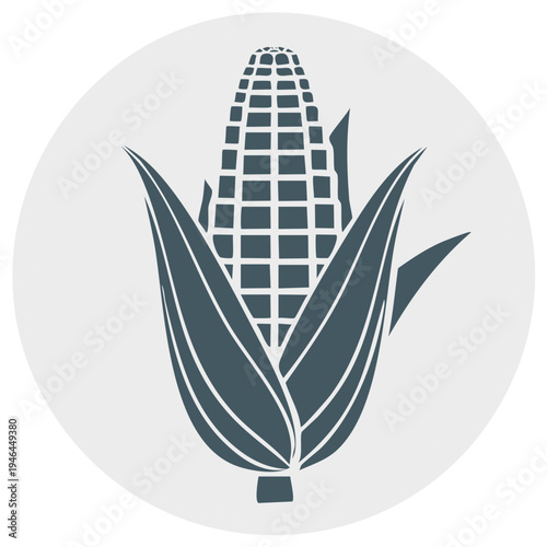 Stylized illustration of a single ear of corn with green leaves inside a light grey circle
