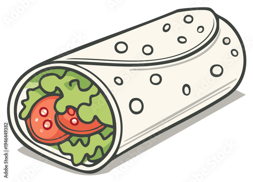 A hand drawn burrito filled with lettuce and tomatoes, an isolated illustration for recipes, menus and advertising.