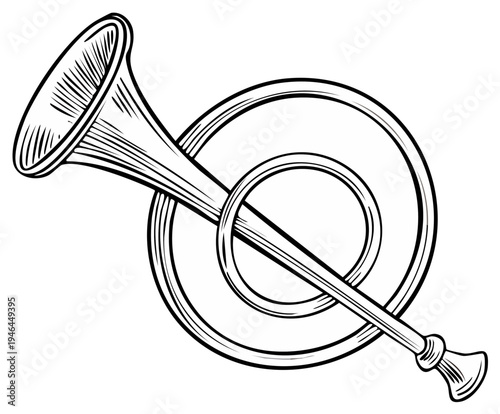 Ornate Hunting Horn Musical Instrument Illustration in Black and White Line Art Style