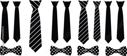 Black and white vector set of neckties and bow ties featuring striped and polka dot patterns for fashion, 