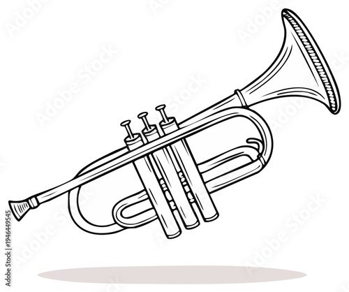 Illustration of a Line Art Trumpet on White, Musical Instrument Vector