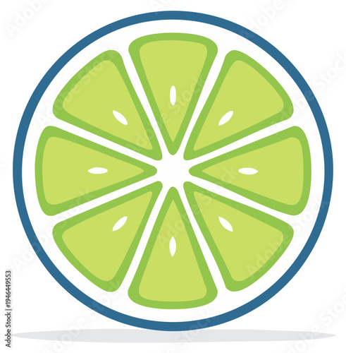 Circular lime fruit slice icon with segments and seeds in a flat vector style