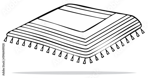 Folded striped blanket with decorative tassels monochrome line art illustration