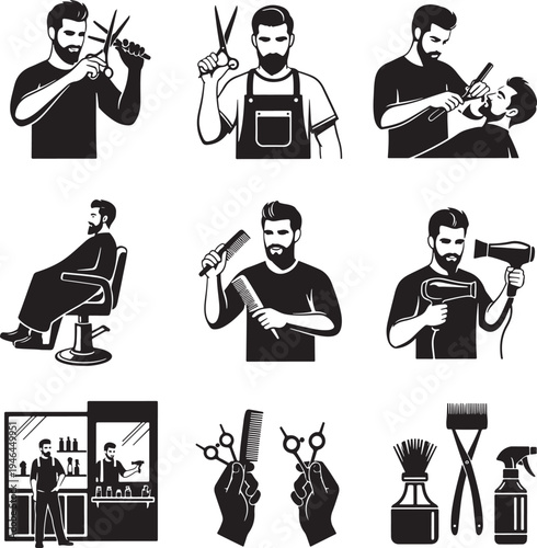 Set of 9 black and white barber icons vector