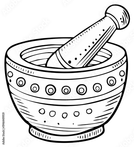 Mortar and Pestle Illustration Black and White Drawing of Grinding Tool for Cooking and Medicine