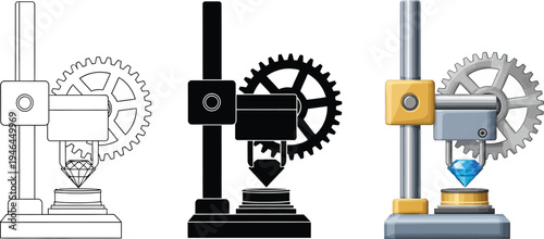 Set of industrial 3D printer icons with a diamond being processed featuring outline silhouette and colorful vector designs for technology and manufacturing concepts
