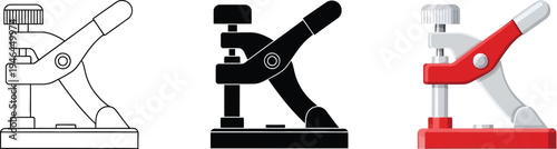 Set of hand press machine illustrations featuring outline solid black and colorful designs ideal for crafting DIY projects and industrial applications