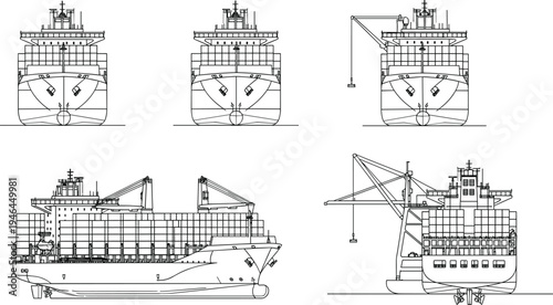 Black line drawing vector illustration of container ship front, side, and rear views with cranes, maritime engineering logistics transport design scene