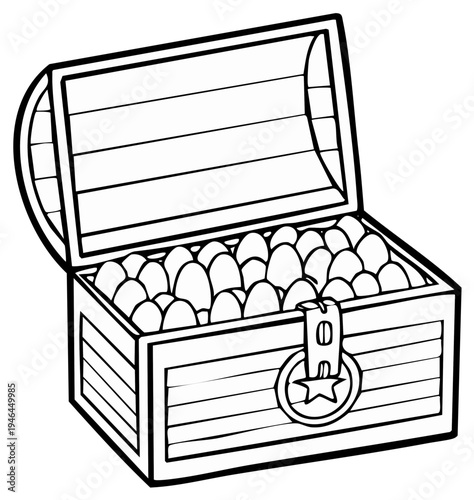 Open treasure chest illustration filled with gold coins, cartoon style