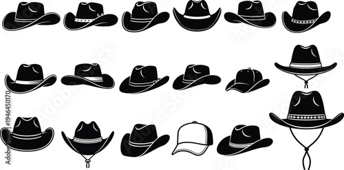 PrintBlack silhouette vector collection of cowboy hats and baseball caps with decorative bands, stars, chin straps, western fashion headwear illustration