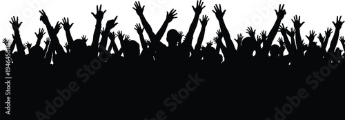 Cheering crowd silhouettes vector, raised hands audience illustration, concert festival crowd background, celebration people silhouettes banner design