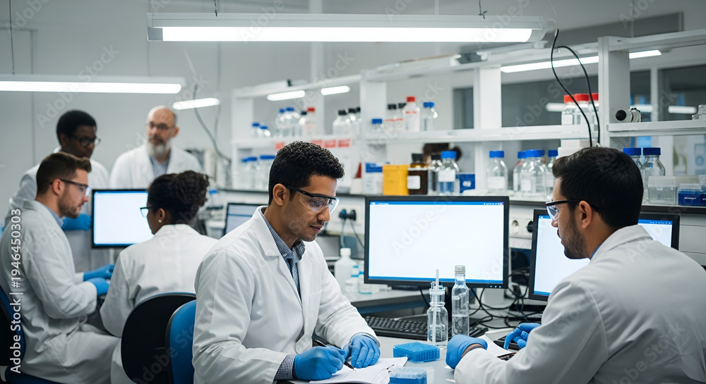 Obraz premium Medical researchers collaborating in laboratory wearing lab coats gloves and protective eyewear working with computers and scientific tools