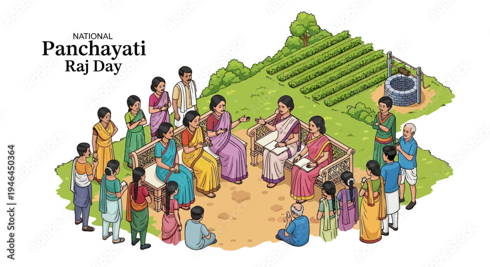Fototapeta premium Illustration of people gathered in a village setting celebrating National Panchayati Raj Day with a rural landscape in the background.