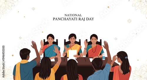 Illustration of people in a meeting for National Panchayati Raj Day with a design celebrating rural governance and democracy in India.