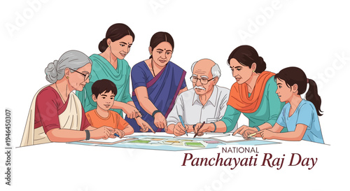 Illustration of people gathered around a table for National Panchayati Raj Day, symbolizing rural governance and community development in India with a colorful design.