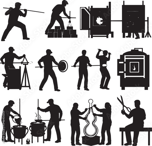 Set of 12 black silhouettes of people working in a factory or workshop vector