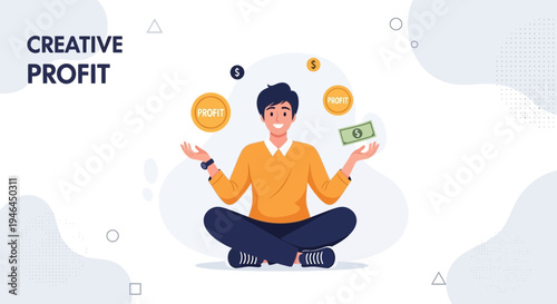 Creative Profit Concept: Man Juggling Money and Coins, Business Growth and Financial Success