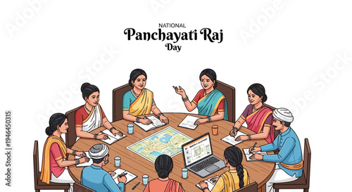 Illustration of people in a meeting for National Panchayati Raj Day, discussing governance and rural development in a village setting with a laptop and papers on the table, conveying a