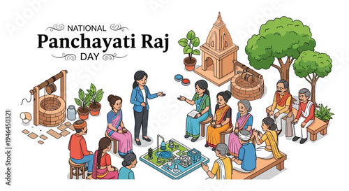 Illustration of people engaging in rural governance activities on National Panchayati Raj Day in India with a temple and trees in the background.