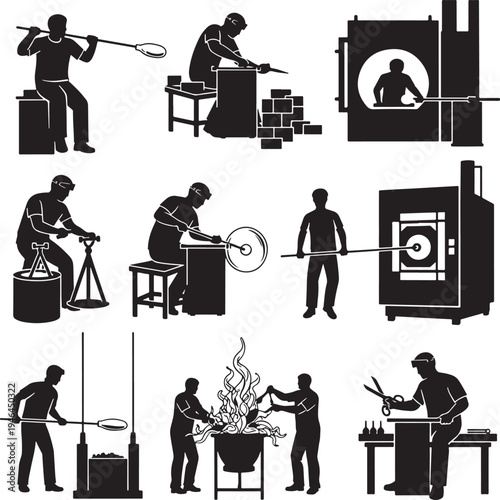 Set of 10 black silhouette icons of people working in a blacksmith workshop vector