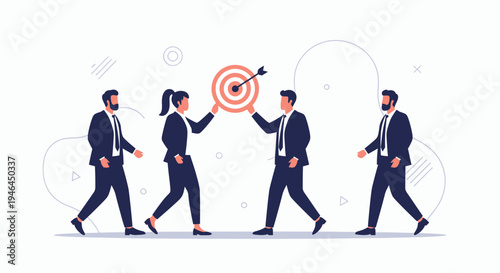 Business team achieving goals, holding target with arrow, teamwork concept