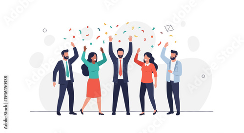 Diverse business team celebrating success with confetti, arms raised in joy