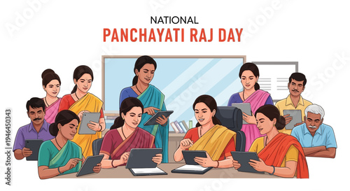Illustration of diverse people in a meeting for National Panchayati Raj Day, symbolizing rural governance and democracy in India with a flat design style and vibrant colors.