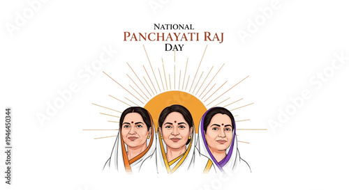Illustration of three women in traditional Indian attire celebrating National Panchayati Raj Day with a sunburst design on a white background.