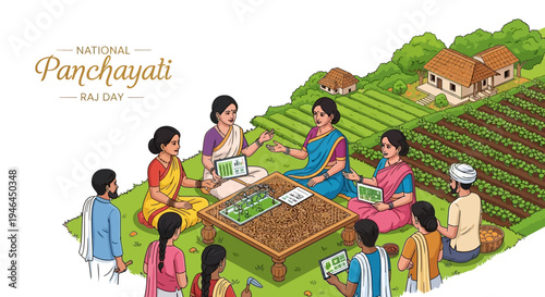 Illustration of people gathered around a table in a rural Indian setting celebrating National Panchayati Raj Day with a focus on village governance and development.