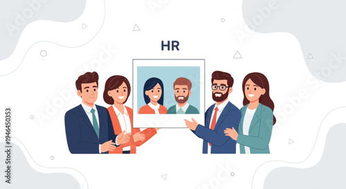 HR team presenting new employees with a photo, business concept