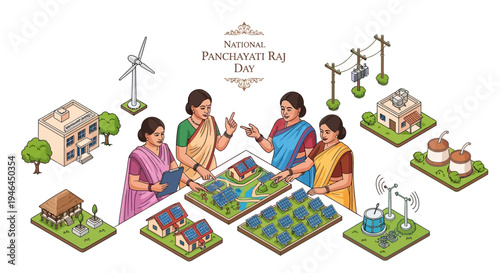 Illustration of people engaged in rural development activities on National Panchayati Raj Day in India, showcasing governance and decentralization.