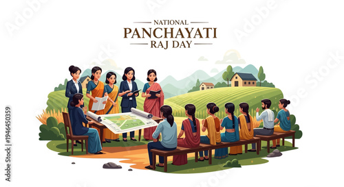 Illustration of diverse group of people gathered around a table for a meeting on National Panchayati Raj Day in a rural Indian setting with a green landscape background.