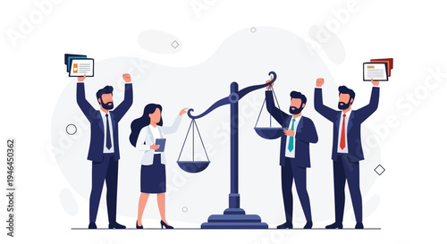 Lawyers celebrating justice with scales of justice and documents