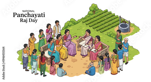 Illustration of people gathered in a village setting celebrating National Panchayati Raj Day with a rural landscape in the background.