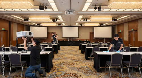Men preparing large conference room with projector and cleaning tables before business meeting; professional setup for corporate event