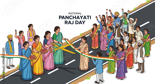 Illustration of diverse people celebrating National Panchayati Raj Day on a road with colorful ribbons, symbolizing rural governance and democracy in India.