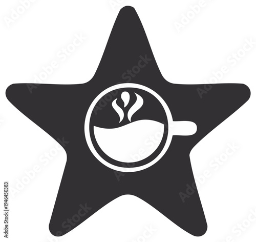 Steaming coffee cup icon inside a dark gray five point star shape graphic symbol