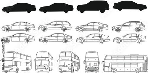 Black silhouette and line drawing vector illustration of cars, SUVs, station wagons, and double-decker buses, transportation vehicle design comparison scene