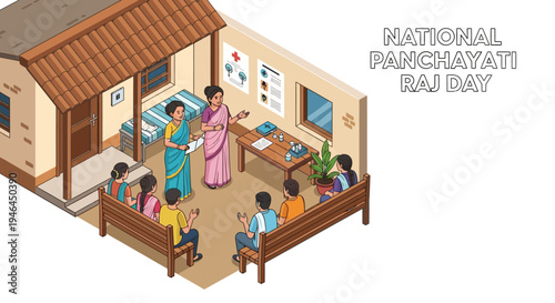 Isometric illustration of people in a rural Indian village setting for National Panchayati Raj Day with a focus on governance and development.
