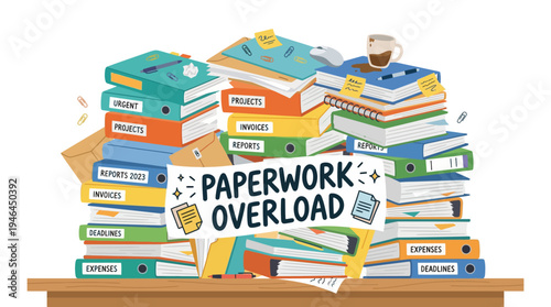 A large stack of books and paperwork.