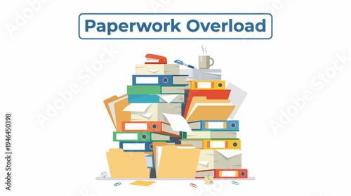 Overwhelming stack of paperwork and office supplies.