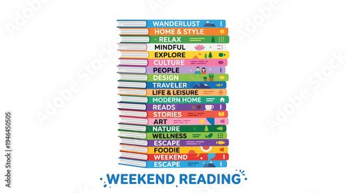 Colorful book spines with weekend reading text.
